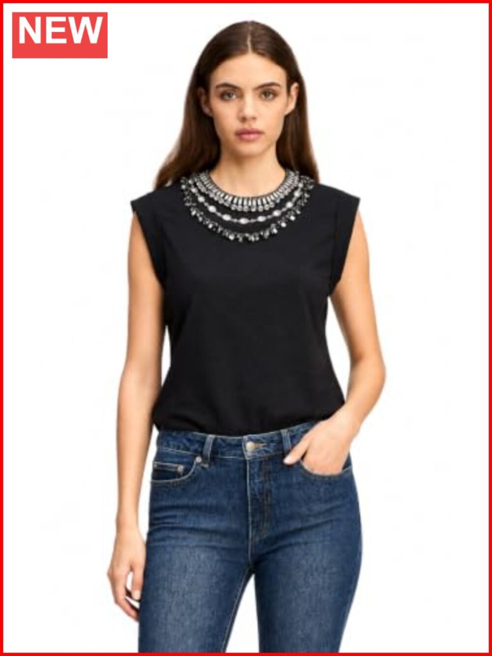 Cotton Cap Sleeve Tee with Neck Embellishment for Women